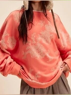 We The Free Coral Classic Crewneck Sweater with Cream Pattern NWOT